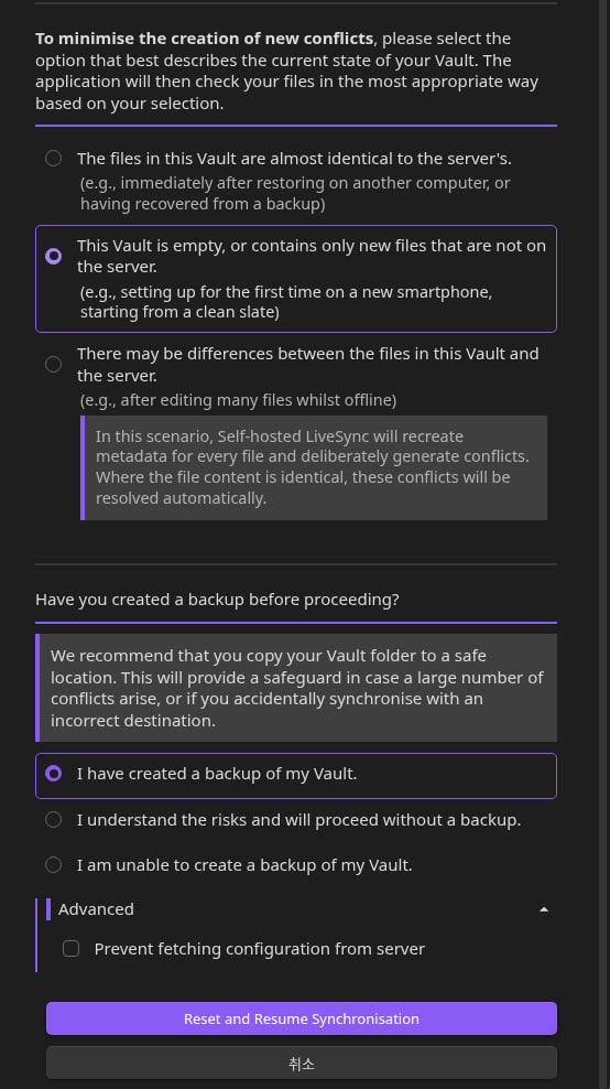 Reset and Resume Synchronisation 마법사 — detailed flow 선택값